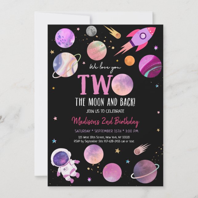 Pink Girl Astronaut Space Two The Moon Birthday Invitation (Front)