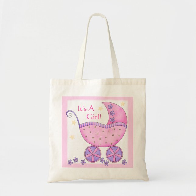 Pink Girl Baby Buggy Carriage Customised Tote Bag (Front)