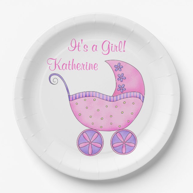 Pink Girl Baby Buggy Its a Girl Name Personalised Paper Plate (Front)