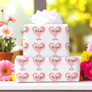 Pink Girl Baby Shower Balloon Heart Wrapping Paper