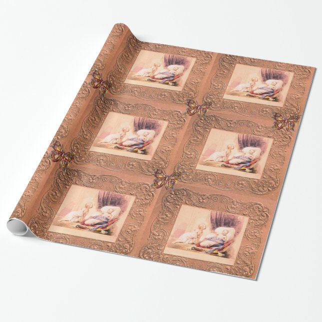 PINK GIRL BABY SHOWER,BUTTERFLIES, FLORAL SWIRLS WRAPPING PAPER (Unrolled)