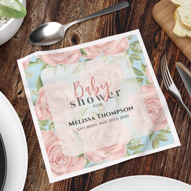 Pink Girl Baby Shower Floral Custom Napkin (Chic pink floral pattern custom napkin. )