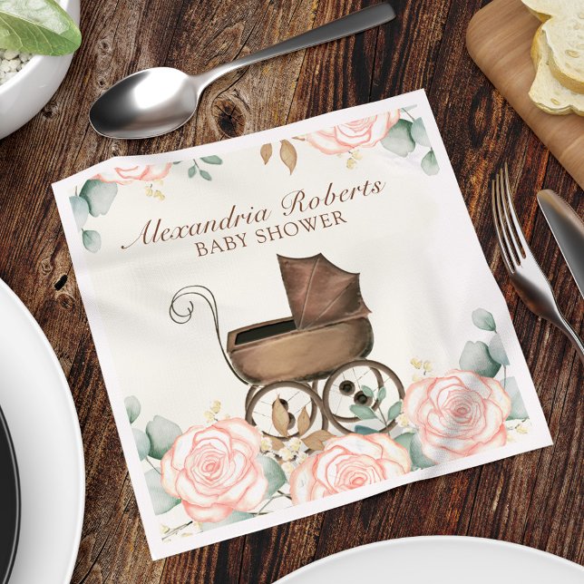 Pink Girl Baby Shower Floral Custom  Napkin (Blush pink vintage floral baby carriage custom paper napkin.)