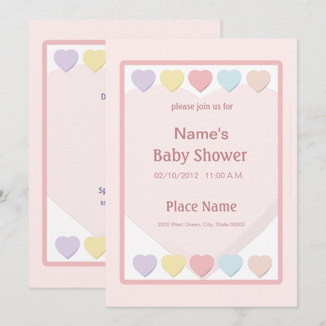 Pink Girl Baby Shower Pastel Hearts Invitation (Front/Back)