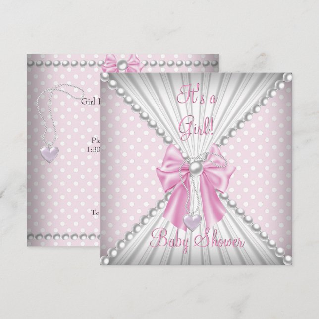 Pink Girl Baby Shower Pearl Polka Dots Invitation (Front/Back)