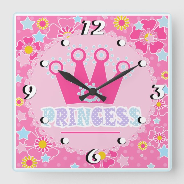 Pink girl baby shower princess crown floral cartoo square wall clock (Front)