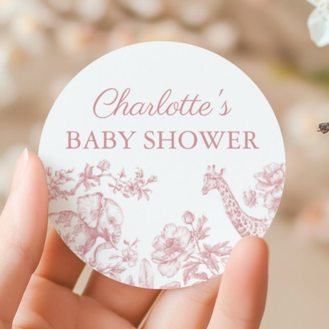 Pink Girl Baby Shower Safari Toile de Jouy Classic Round Sticker (Pink Girl Baby Shower Safari Toile de Jouy Classic Round Sticker)