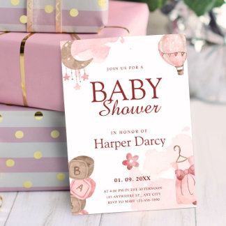 Pink Girl Baby Shower with Moon & Hot Air Balloon Invitation
