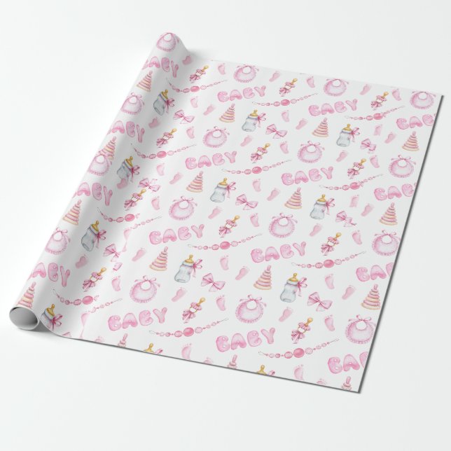 Pink girl Baby Shower Wrapping Paper (Unrolled)