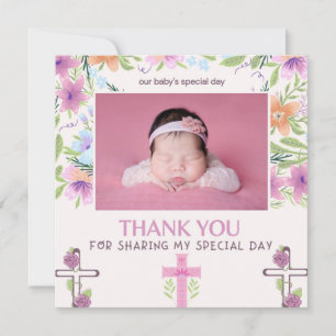 Pink Girl Baptism Christening Photo Thank You Card