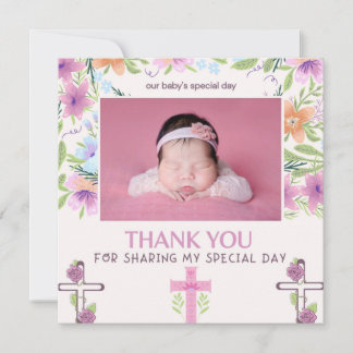 Pink Girl Baptism Christening Photo Thank You Card