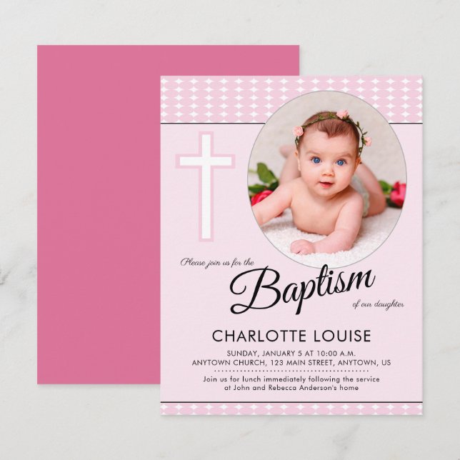 Pink Girl Baptism, Cross Christening Invitation (Front/Back)