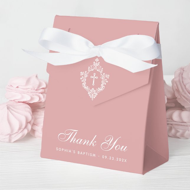 Pink Girl Baptism Cross & Crest Elegant Dusty Rose Favour Box (Creator Uploaded)