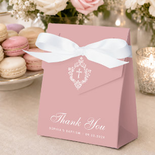 Pink Girl Baptism Cross & Crest Elegant Dusty Rose Favour Box