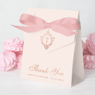 Pink Girl Baptism Cross Crest Rose Gold Thank You Favour Box