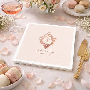 Pink Girl Baptism Elegant Rose Gold Cross in Crest Napkin