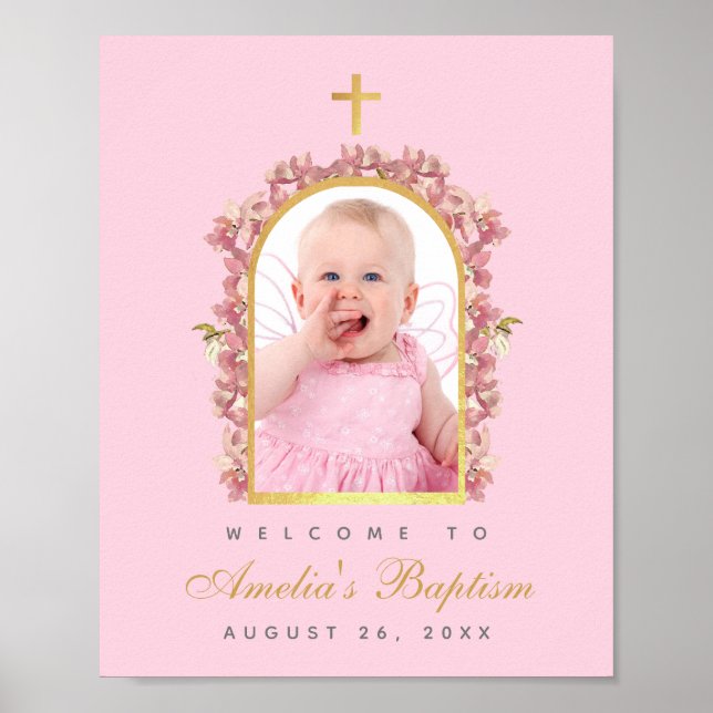 Pink Girl Baptism Photo Gold Arch Orchids Welcome Poster (Front)