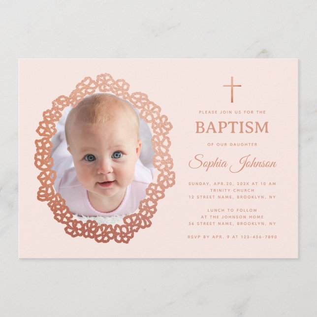 Pink Girl Baptism Photo in Rose Gold Floral Wreath Invitation (Front)