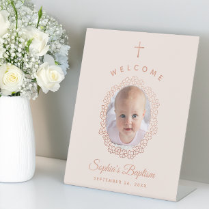 Pink Girl Baptism Photo in Rose Gold Floral Wreath Pedestal Sign