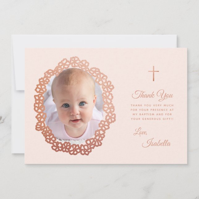 Pink Girl Baptism Photo in Rose Gold Floral Wreath Thank You Card (Front)