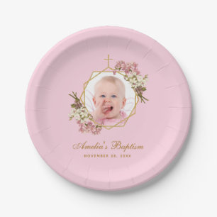 Pink Girl Baptism Photo Orchids Floral Geometric Paper Plate