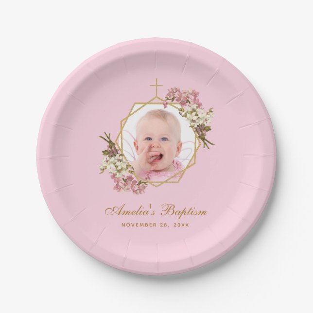 Pink Girl Baptism Photo Orchids Floral Geometric Paper Plate (Front)