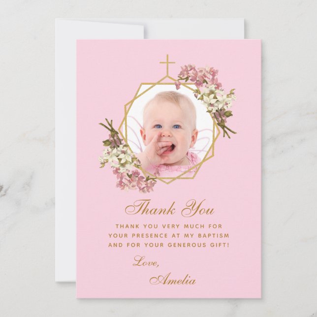 Pink Girl Baptism Photo Orchids Floral Geometric  Thank You Card (Front)