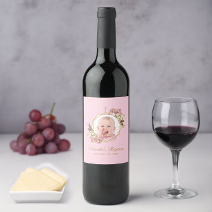 Pink Girl Baptism Photo Orchids Floral Geometric Wine Label