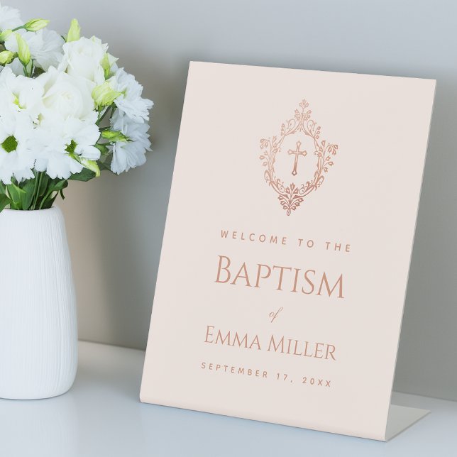 Pink Girl Baptism Rose Gold Crest Elegant Welcome  Pedestal Sign (Creator Uploaded)