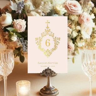 Pink Girl Baptism Vintage Faux Gold Cross on Crest Table Number