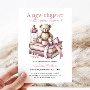 Pink Girl Bear Baby Shower New Chapter Begins Invitation