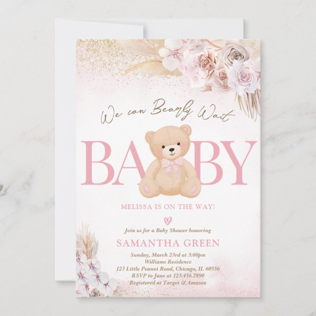 Pink Girl Bear Boho Baby Shower Invitation (Front)