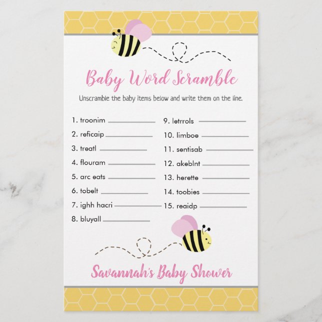 Pink Girl Bee Baby Shower Baby Word Scramble Game (Front)