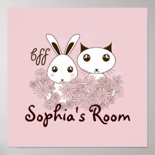 Pink Girl BFF Cute Cartoon Kitten and Bunny Kids Poster