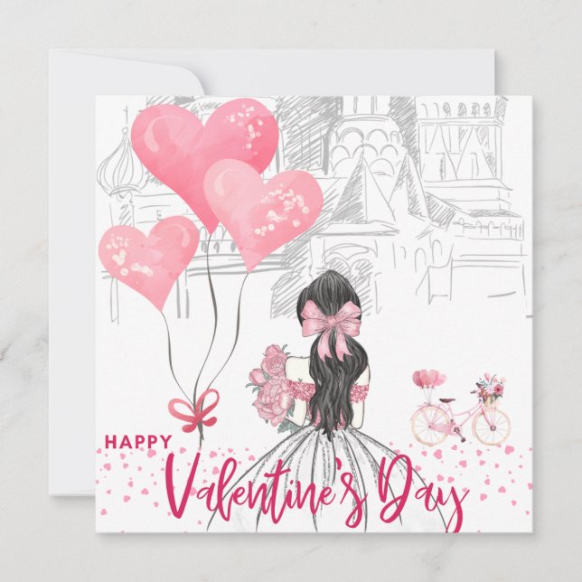 Pink Girl/Bike Balloon/Valentines Day Card  (Front)