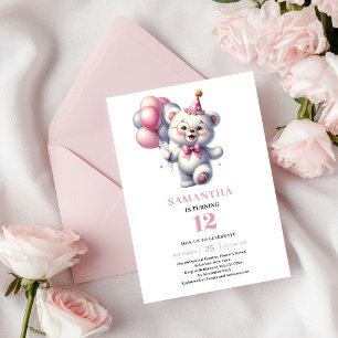 Pink Girl Birthday Teddy Bear Ivory Balloons Party Invitation