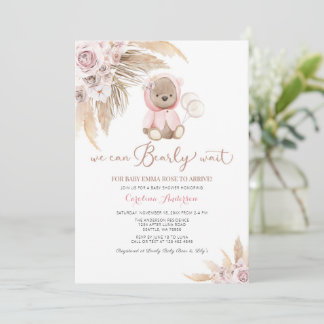 Pink Girl Boho Bear Baby Shower Invitation 