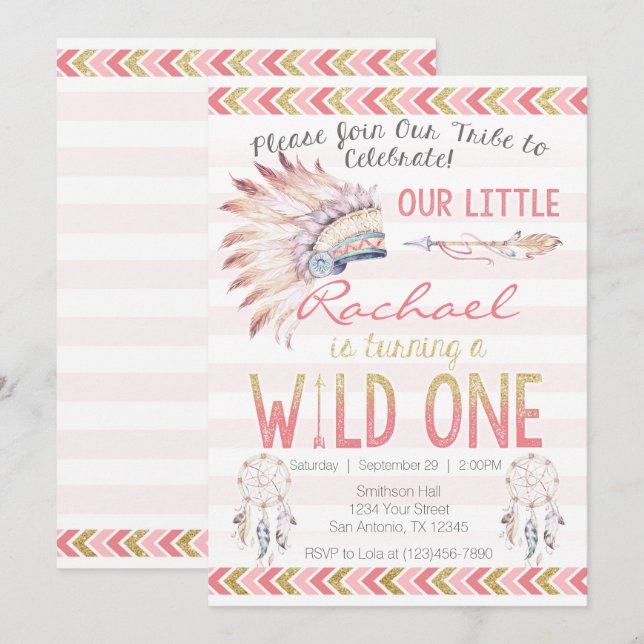 Pink Girl Boho Tribal Wild One Birthday Invitation (Front/Back)