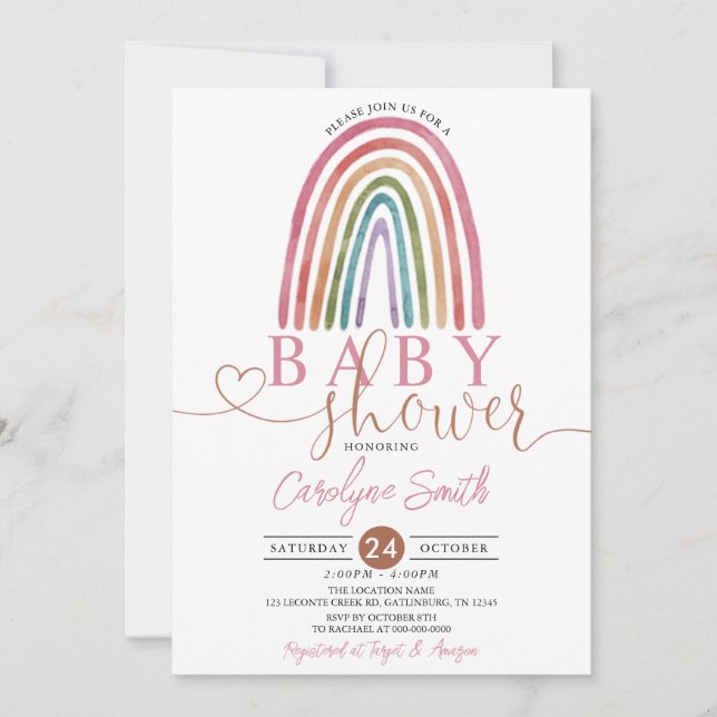 Pink Girl Boho Watercolor Rainbow Baby Shower Invitation (Front)