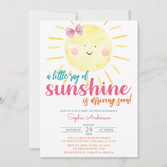 Pink Girl Bow A Little Ray of Sunshine Baby Shower Invitation (Front)