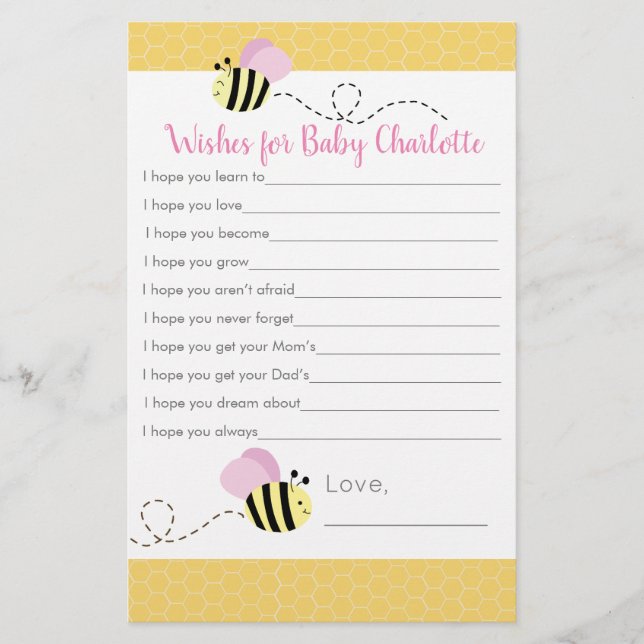Pink Girl Bumble Bee Wishes for Baby Advice Cards (Front)