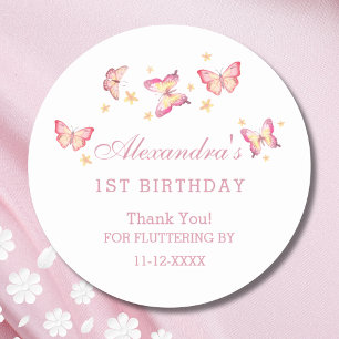 Pink Girl Butterfly 1st Birthday Thank You Classic Round Sticker