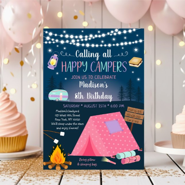 Pink Girl Camping S'mores Sleepover Birthday Invitation (Creator Uploaded)