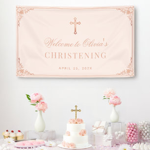 Pink Girl Christening Baptism Rose Gold Cross Banner