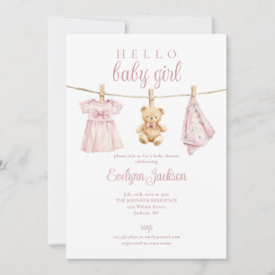 Pink Girl Clothesline Baby Shower Photo QR Code Invitation