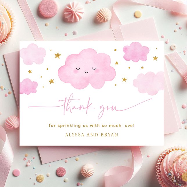Pink Girl Cloud Stars Baby Sprinkle Thank You Card (Creator Uploaded)