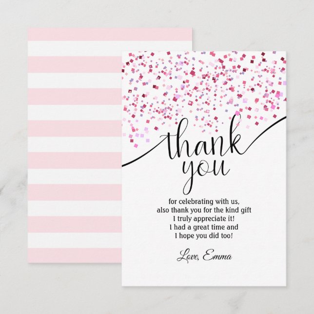 pink, girl, confetti,  thank you card (Front/Back)