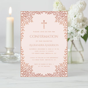 Pink Girl Confirmation Rose Gold Leaves Religious Invitation