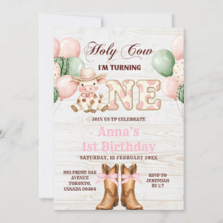 Pink Girl Cow Western Rodeo 1st Birthday Invitation