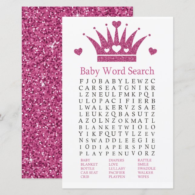 Pink Girl Crown Baby Shower Word Search Game (Front/Back)